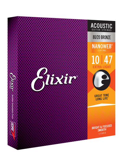 Elixir 11002 Nanoweb 80/20 Bronze Extra Light Acoustic Guitar Strings Set