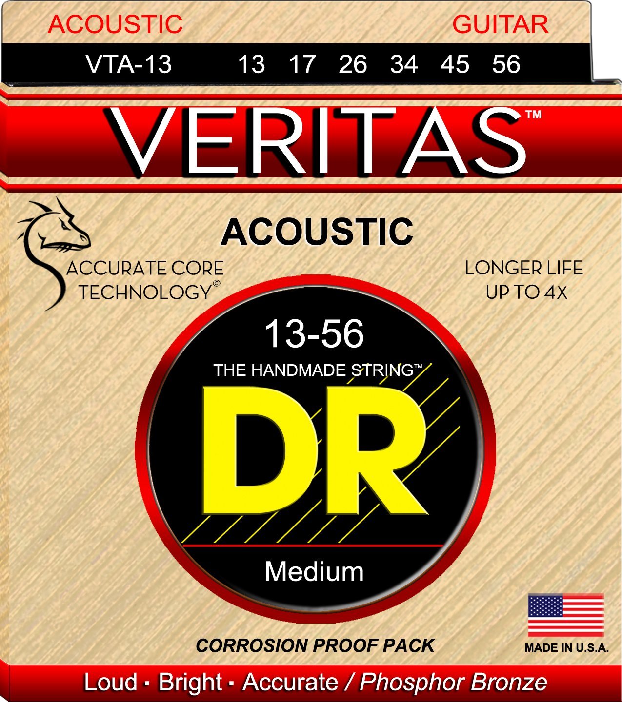 DR Strings VTA-13 VERITAS Phosphor Bronze Acoustic Guitar String, 13-56, Medium
