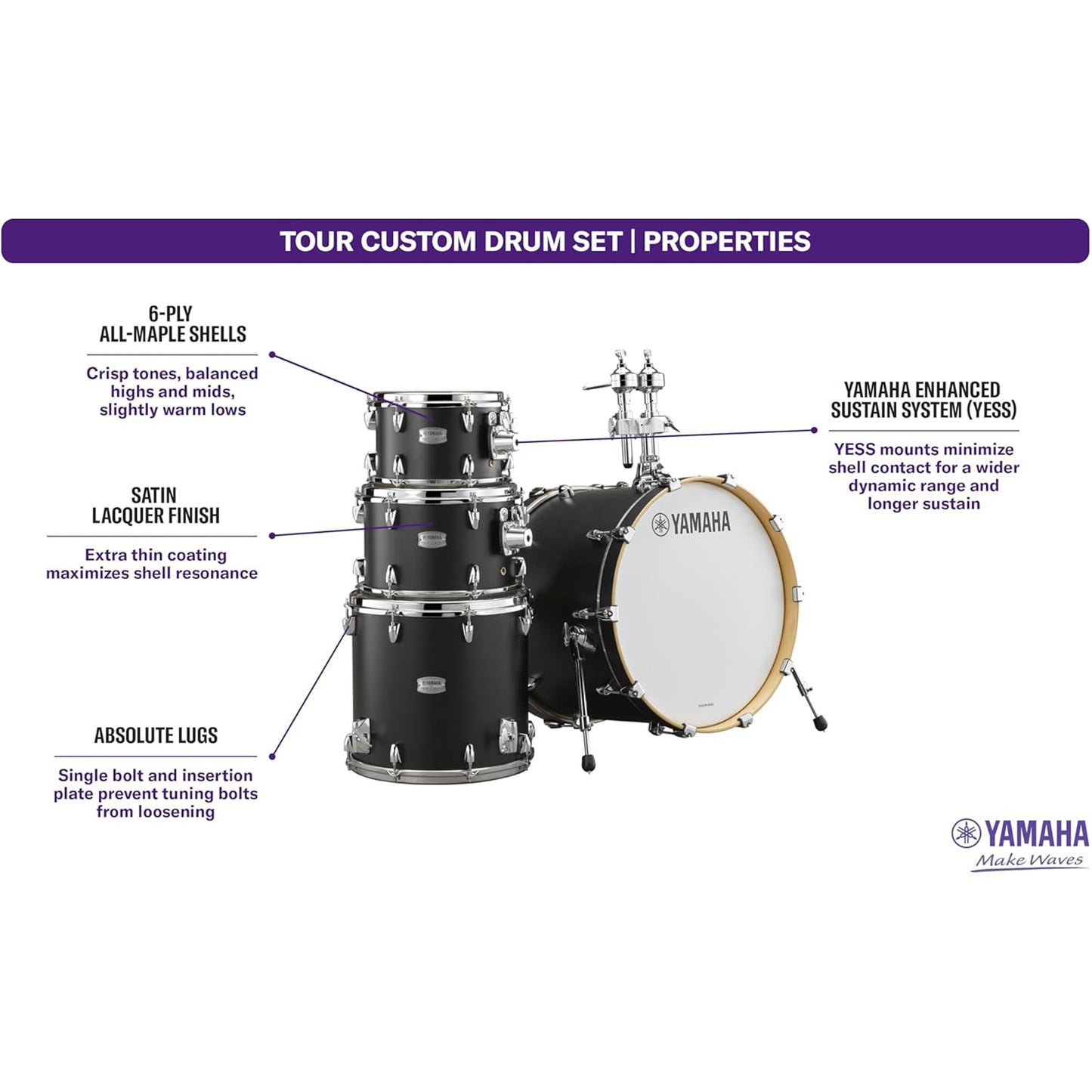 Yamaha Tour Custom Maple 4pc Standard Shell Pack - Licorice Satin