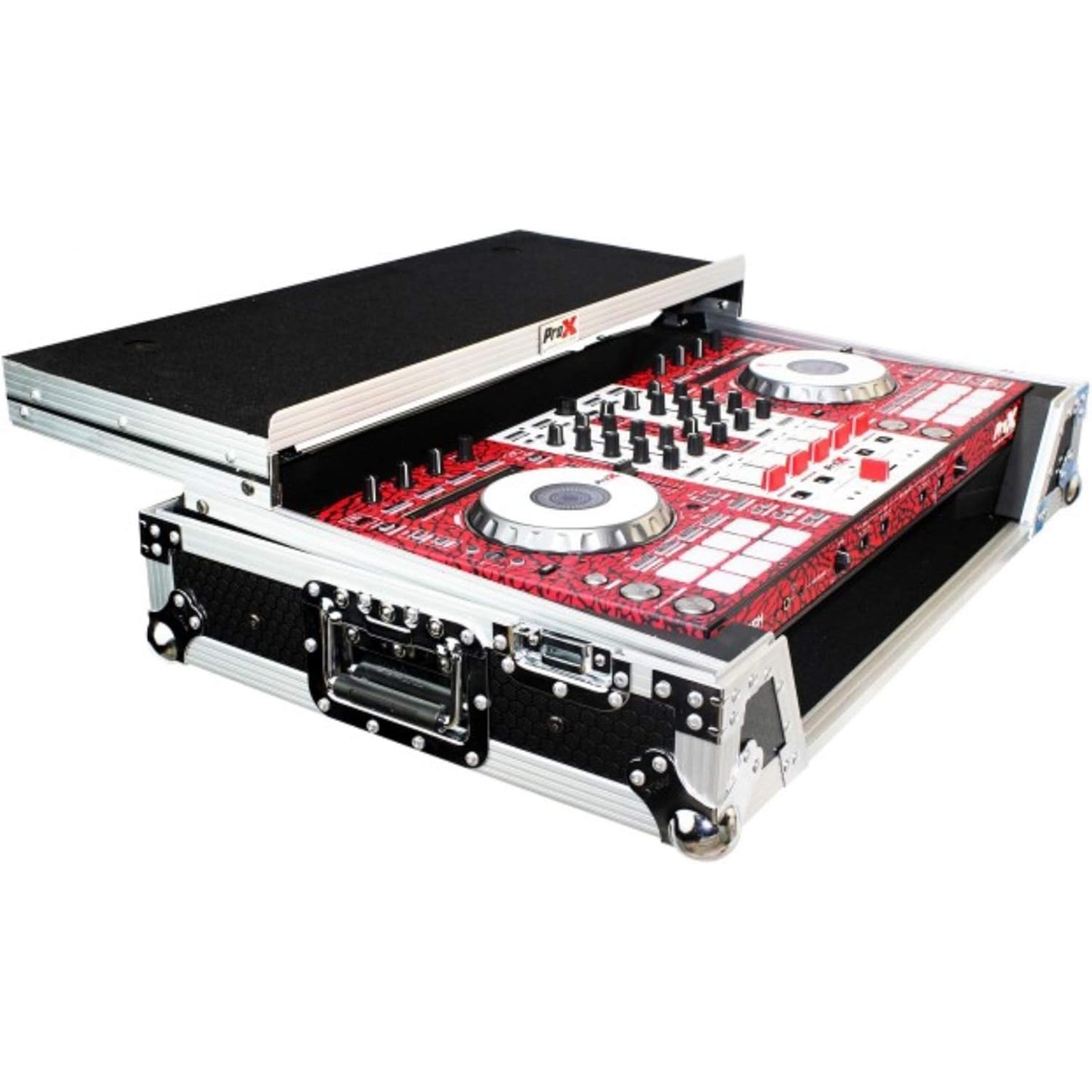 ProX Flight Case for Pioneer DJ DDJ-SX, RX & Denon MCX7000 With Sliding Laptop Shelf, LED Lights and Wheels - Silver on Black Design