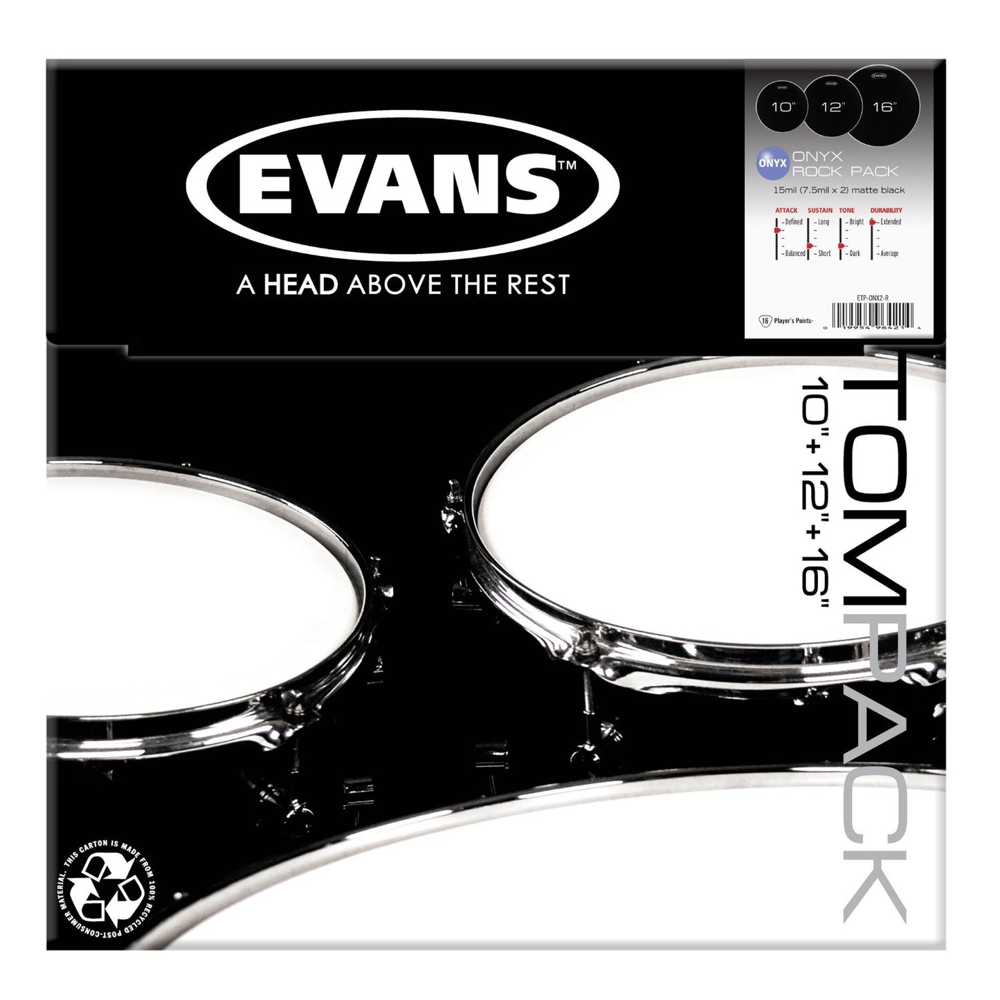 Evans Onyx 2-Ply Tompack Coated, Rock (10 inch, 12 inch, 16 inch)