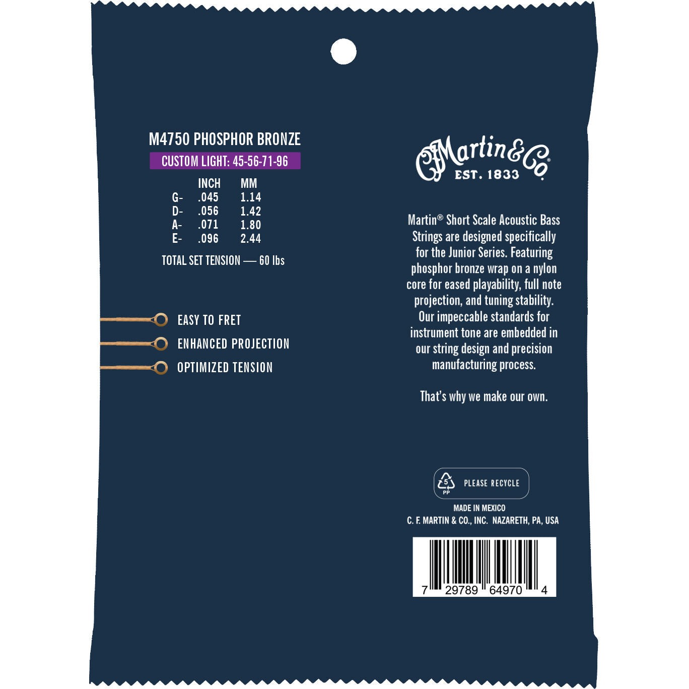 Martin Junior Authentic Short Scale Acoustic Bass Bass Strings, Custom Light