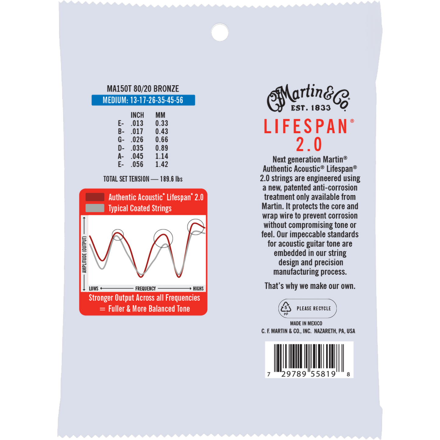 Martin MA150T Authentic Acoustic Lifespan® 2.0 Guitar Strings 80/20 Bronze, Medium