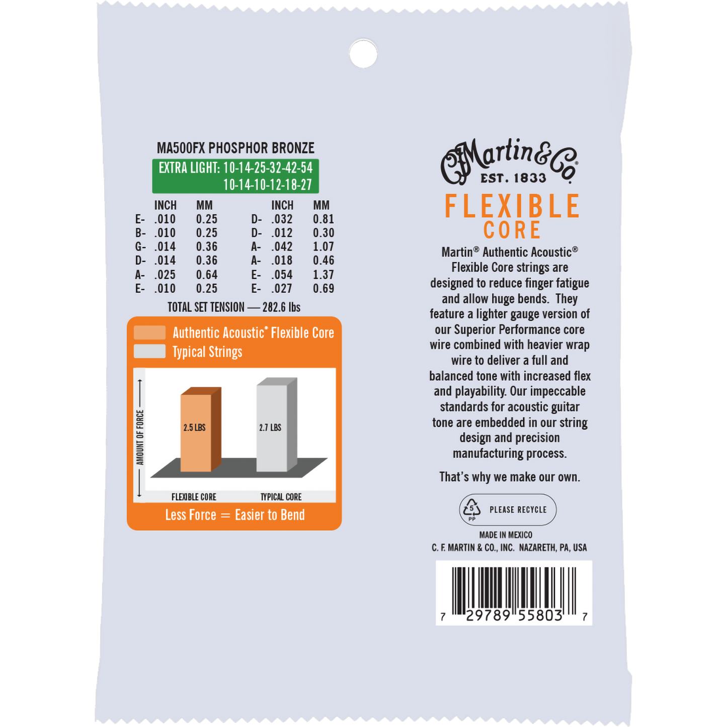 Martin MA500FX Authentic Acoustic Flexible Core Strings, Phosphor Bronze, Extra Light