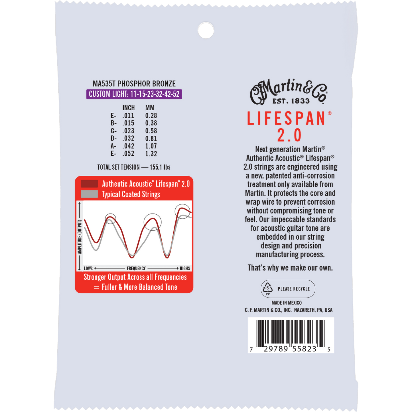 Martin MA535T Authentic Acoustic Lifespan® 2.0 Strings Phosphor Bronze, Custom Light