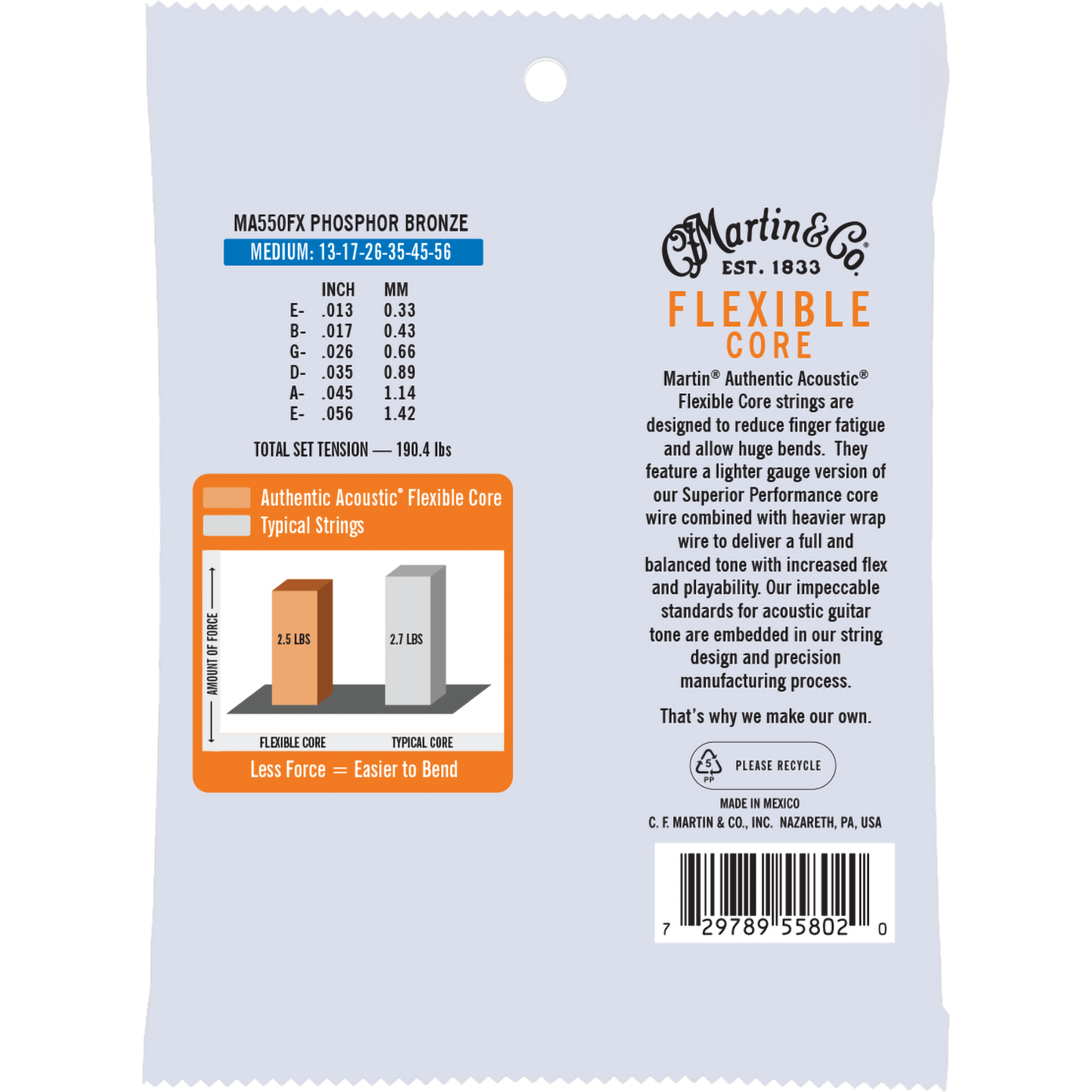 Martin MA550FX Authentic Acoustic Flexible Core Strings, Phosphor Bronze, Medium