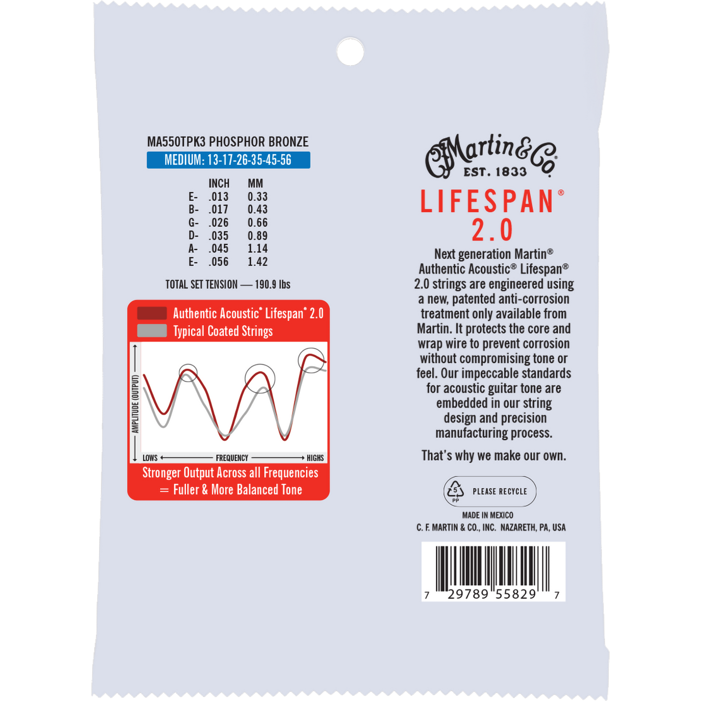 Martin MA550T Authentic Acoustic Lifespan® 2.0 Strings Phosphor Bronze, Medium 3 Pack