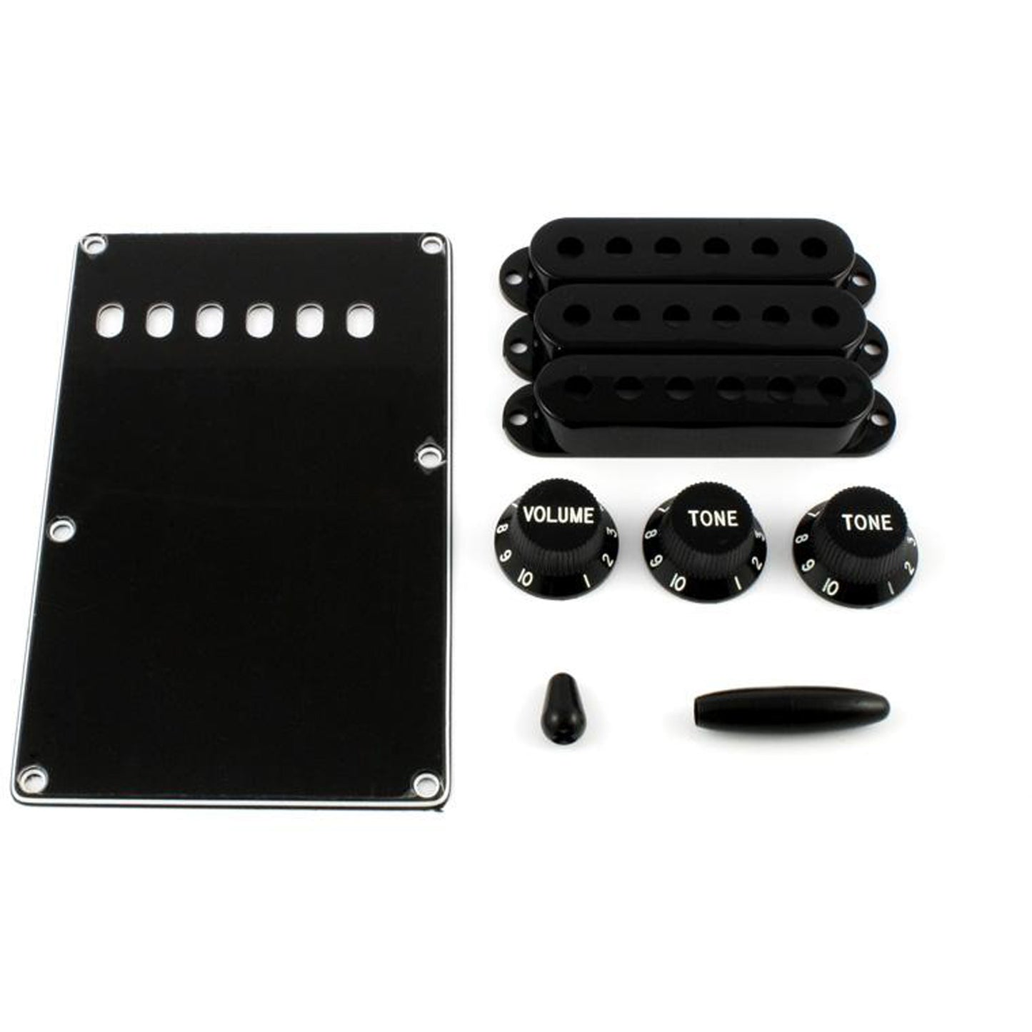 All Parts Black Accessory Kit Knobs, Covers, Back Plate for Fender Strat