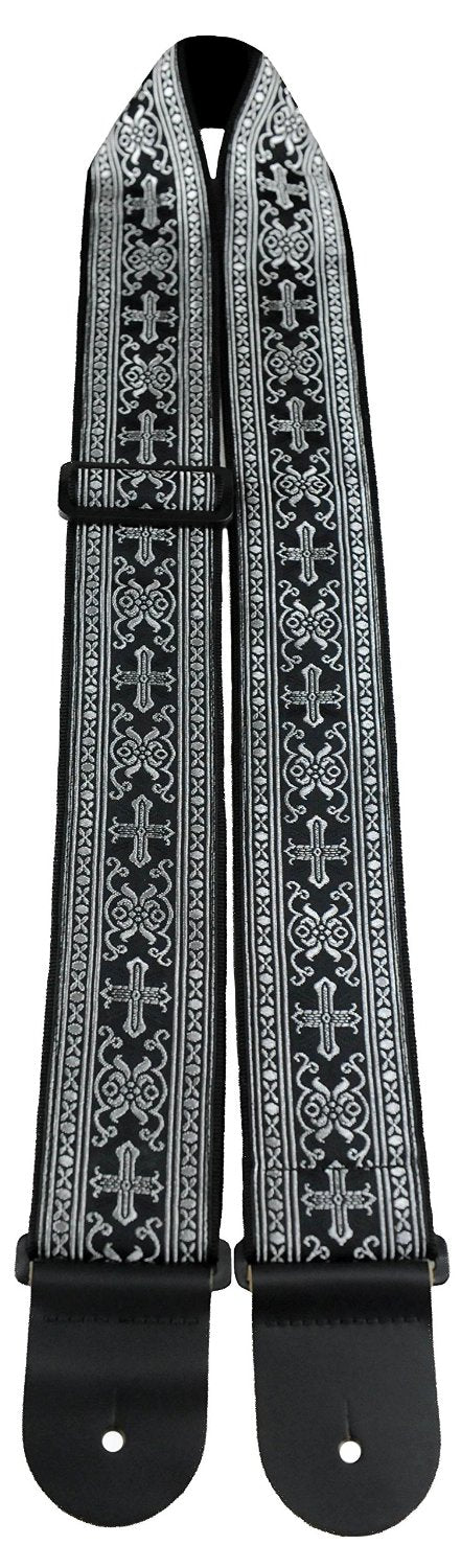 Perris 2" Metalic High Quality Jacquard Ribbon Silver Cross Guitar Strap