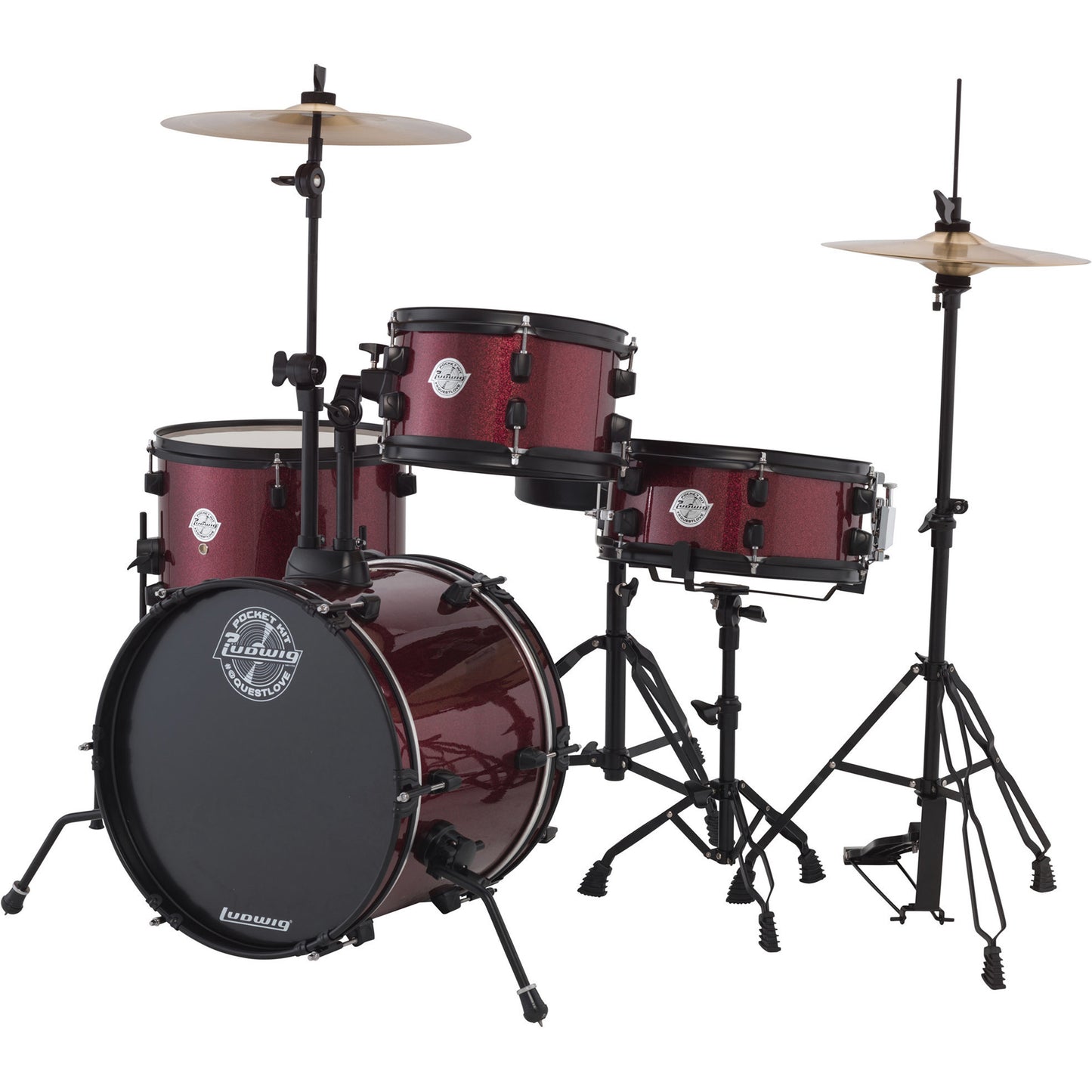 Ludwig LC178X025 Questlove Pocket Kit w/ Hardware & Cymbals, Wine Red Sparkle