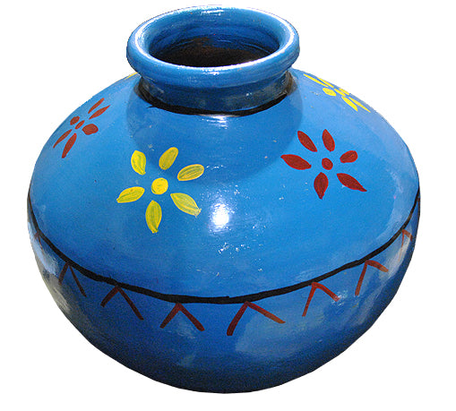 Mid East MTKA-B Matka Clay Pot Drum in Blue with Flowers