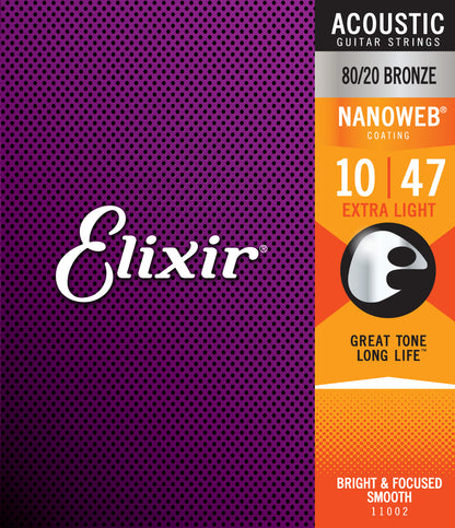 Elixir 11002 Nanoweb 80/20 Bronze Extra Light Acoustic Guitar Strings Set