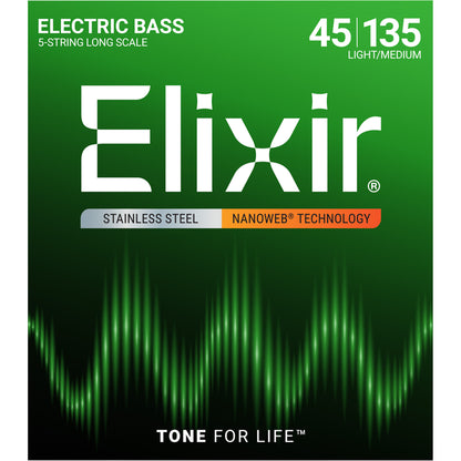 Elixir Nanoweb Long Scale Medium-Light 5-String Bass Strings (45-130)