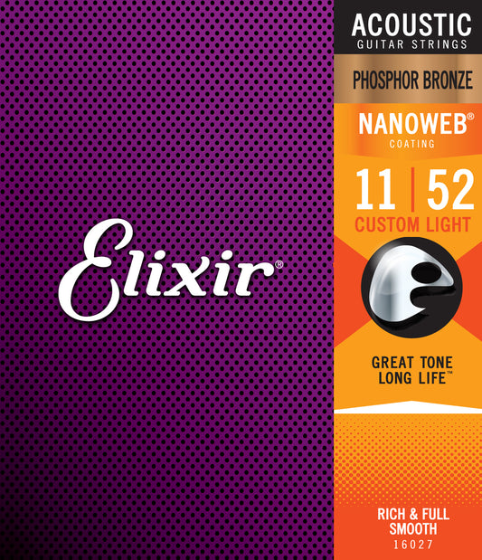 Elixir 16027 Nanoweb Phosphor Bronze Acoustic Guitar Strings 11-52