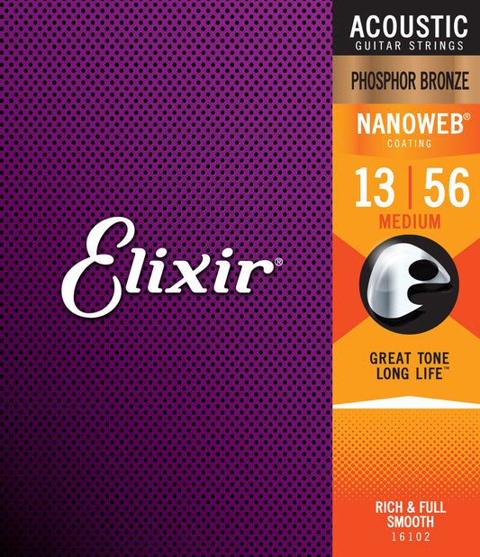 Elixir 16102 Nanoweb Phosphor Bronze Medium Gauge Acoustic Guitar Strings 13-56