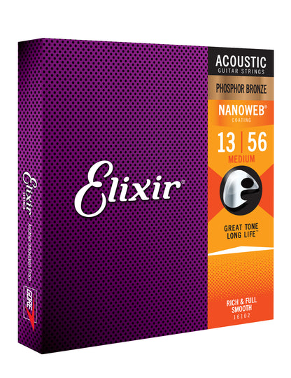 Elixir 16102 Nanoweb Phosphor Bronze Medium Gauge Acoustic Guitar Strings 13-56