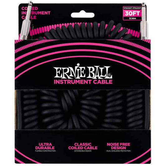 Ernie Ball 30' Coiled Straight / Straight Instrument Cable - Black