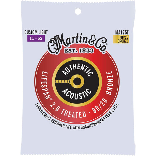 Martin MA175T Authentic Acoustic Lifespan® 2.0 Guitar Strings 80/20 Bronze, Custom Light 11-52