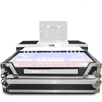 ProX Flight Case for Pioneer DJ DDJ-SX, RX & Denon MCX7000 With Sliding Laptop Shelf, LED Lights and Wheels - Silver on Black Design