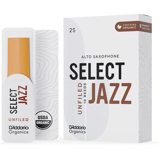 D'Addario Organic Select Jazz Unfiled Alto Saxophone Reeds, Strength 2 Soft, Individually-Sealed, 10-Pack