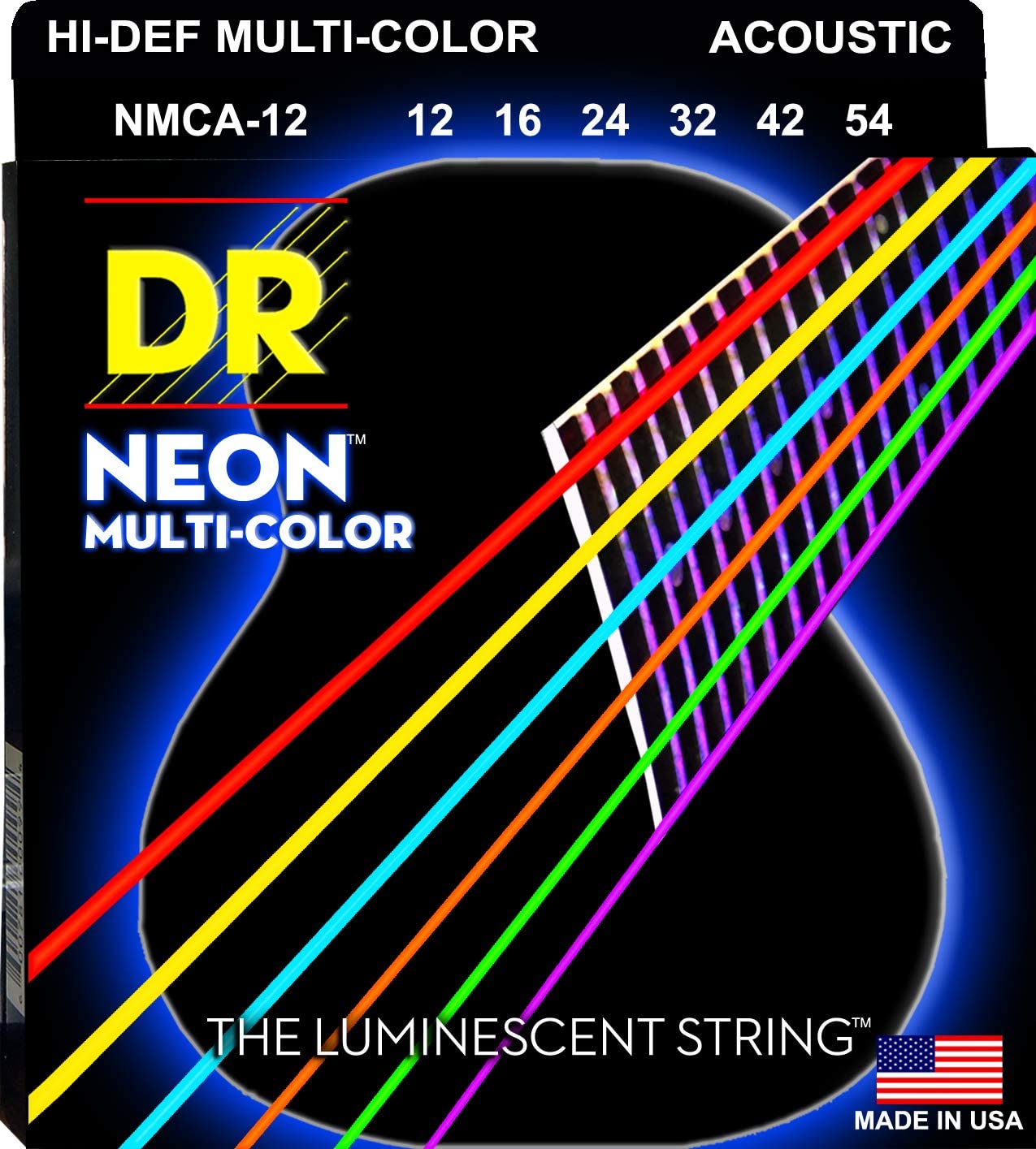 DR NEON NMCA12 Light Coated Phosphor Bronze Acoustic Strings, Mulit-Colored