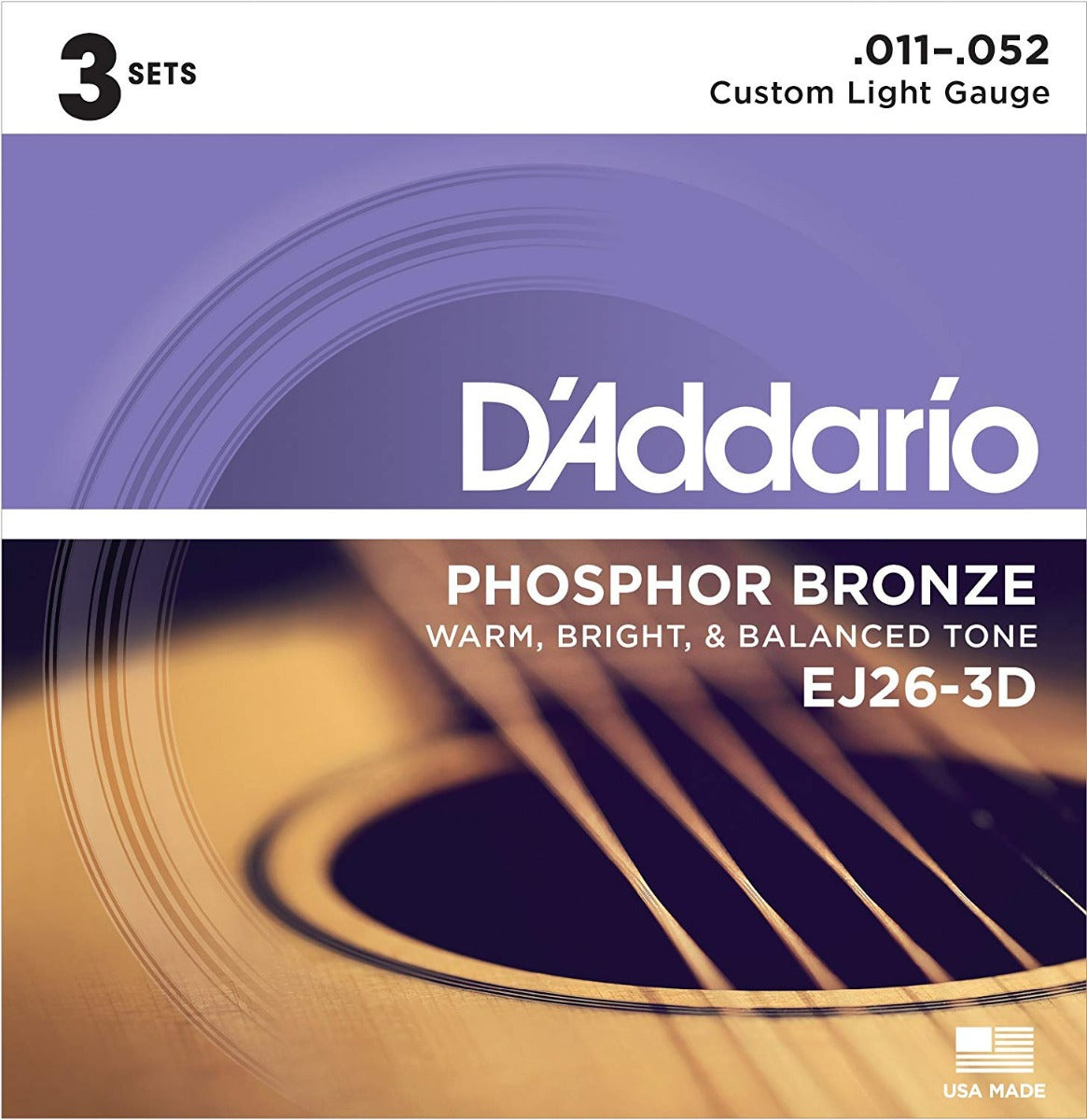 D'Addario EJ26-3D Phosphor Bronze Custom Light Acoustic Guitar Strings - 3-Pack