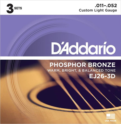 D'Addario EJ26-3D Phosphor Bronze Custom Light Acoustic Guitar Strings - 3-Pack