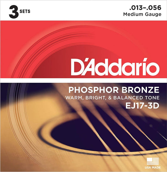 D'Addario EJ17-3D Phosphor Bronze Medium Acoustic Strings - 3-Pack
