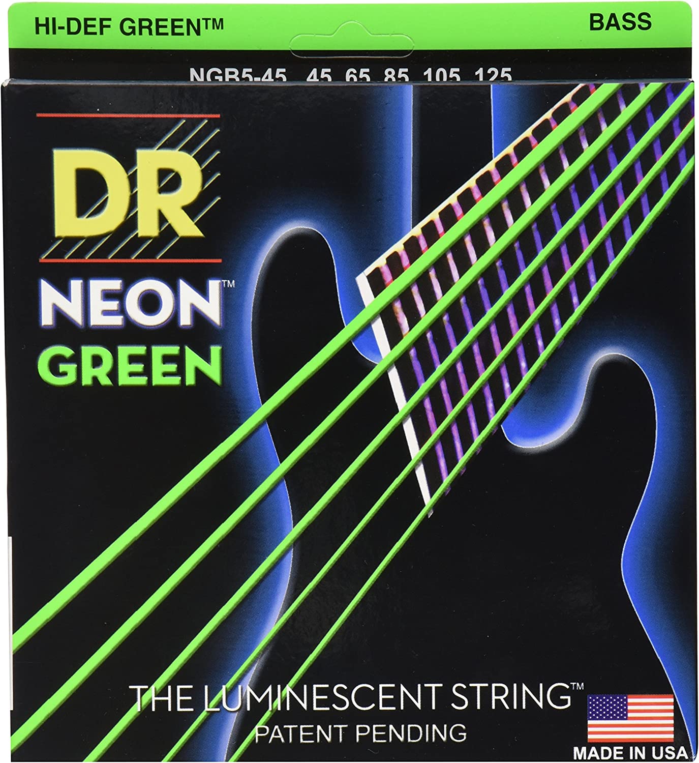 DR NEON NGB545 Neon Green Coated Nickel 5 String Bass Guitar Strings, Medium