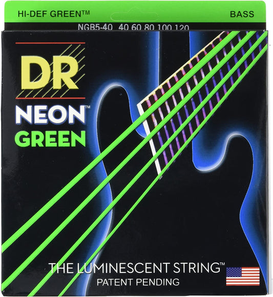 DR NEON NGB540 Green Coated Nickel 5 String Bass Guitar Strings, Light