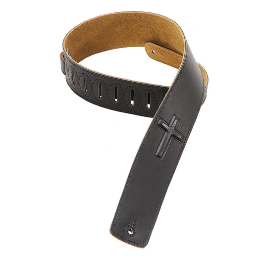 Levy's Leathers DM1SGC-BLK 2.5" Leather Strap with Embossed Cross, Black