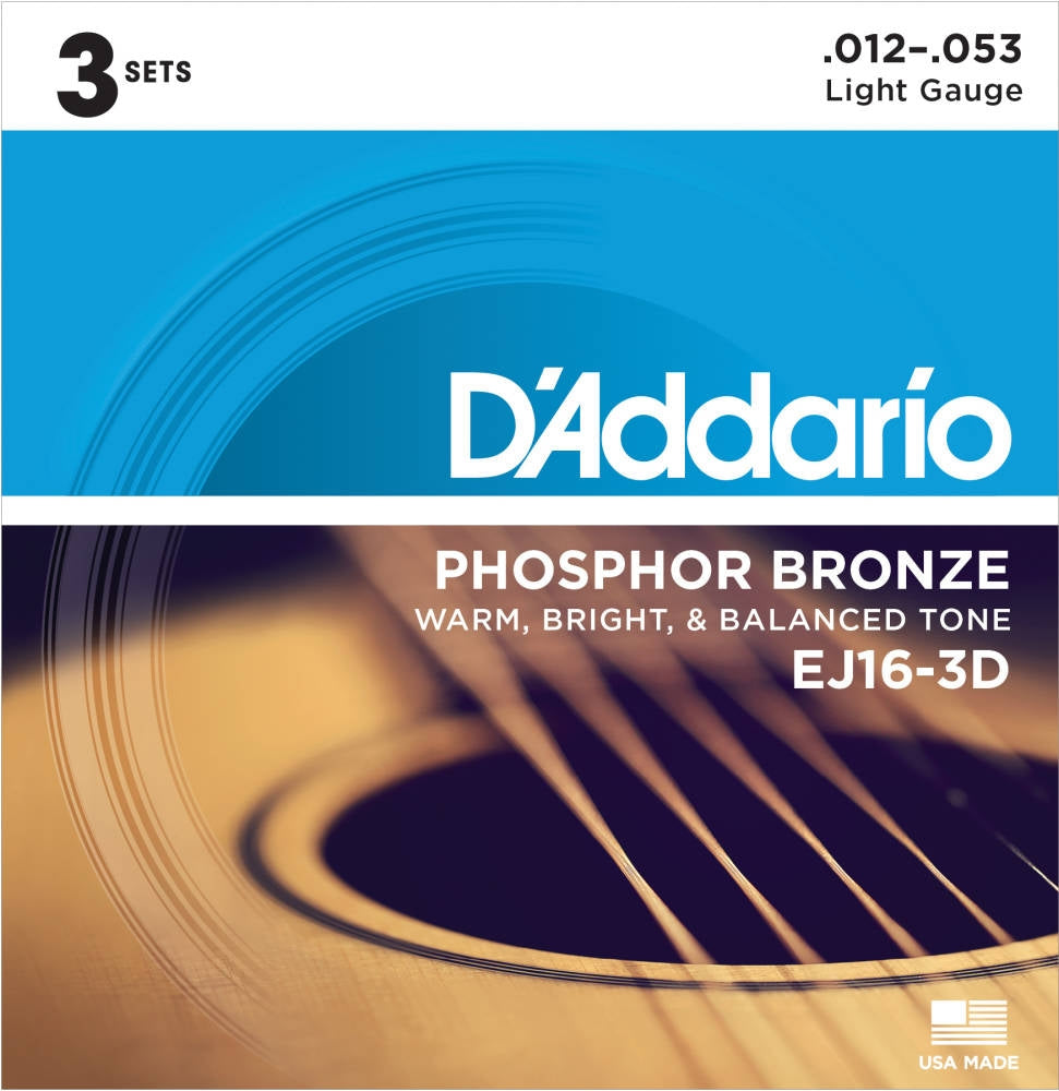 D'Addario EJ16-3D Phosphor Bronze Light Acoustic Guitar Strings - 3-Pack