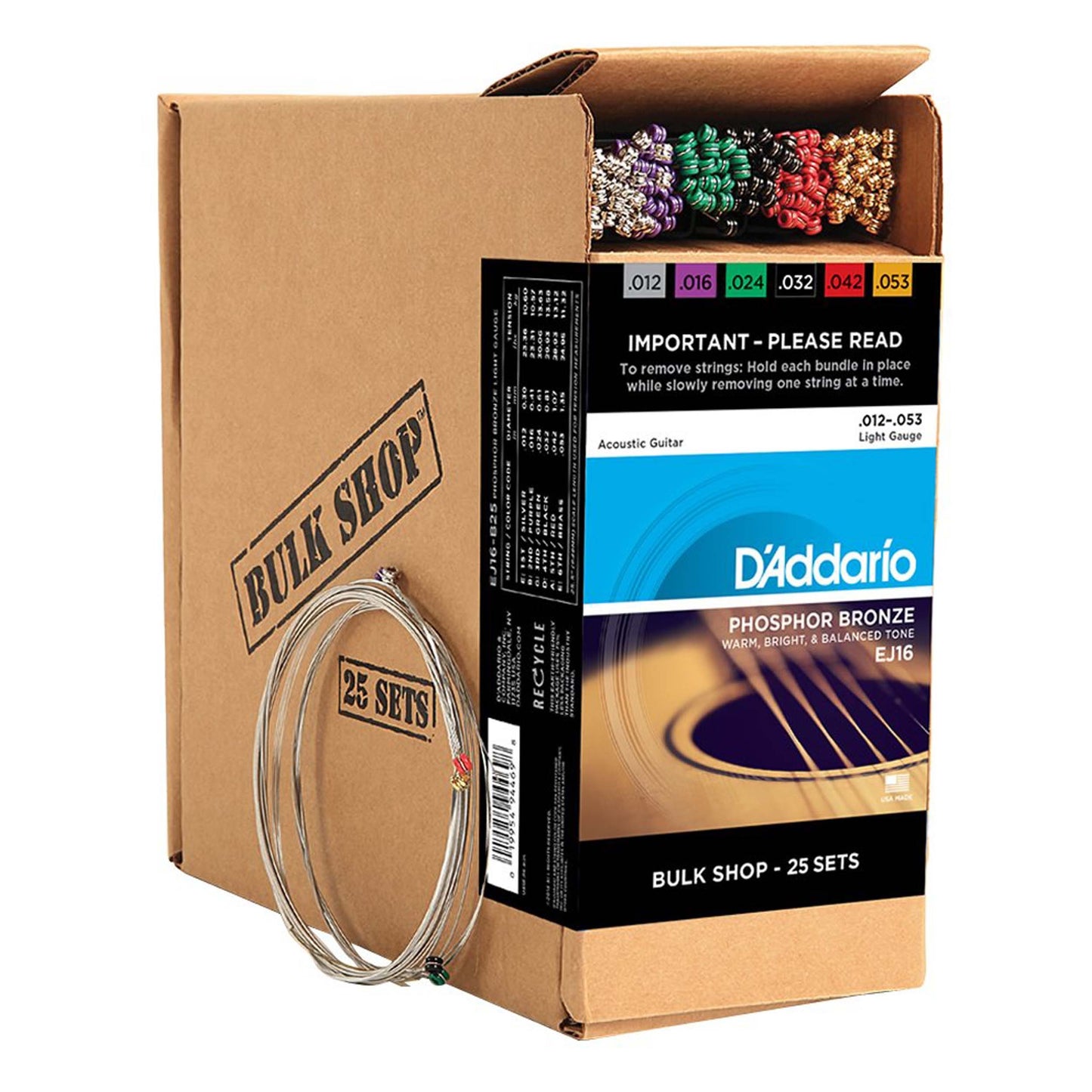 D'Addario EJ16 Phosphor Bronze Acoustic Guitar Strings, Light (25-Pack)