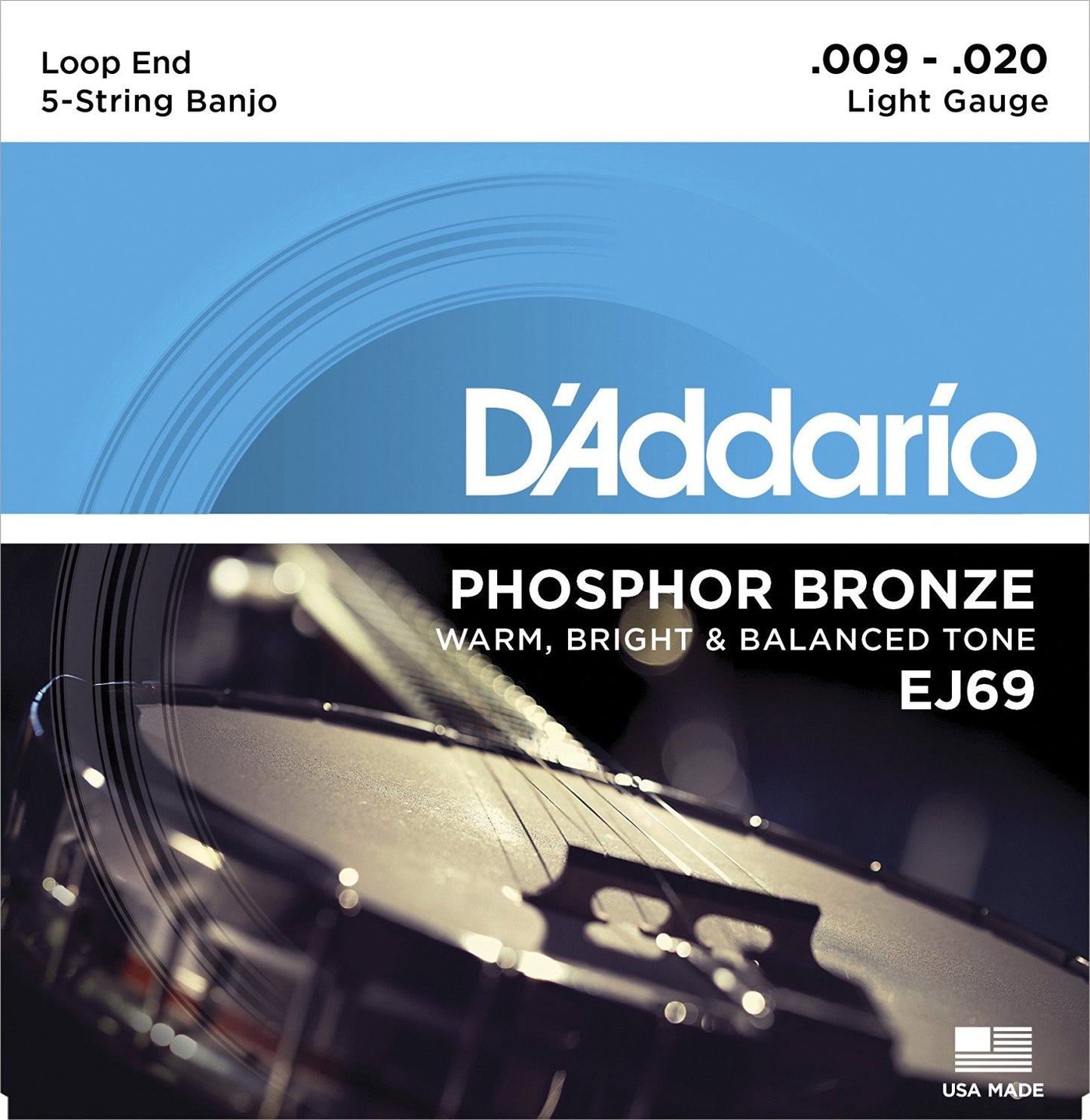 D'Addario EJ69 Phosphor Bronze 5-String Banjo Strings, Light, 9-20
