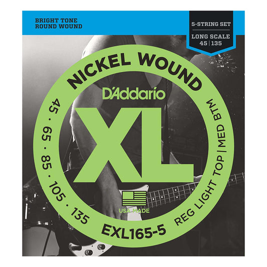 D'Addario EXL165 5-String Nickel Wound Bass Guitar Strings, Custom Light, 45-135