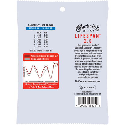 Martin MA550T Authentic Acoustic Lifespan® 2.0 Guitar Strings Phosphor Bronze, Medium
