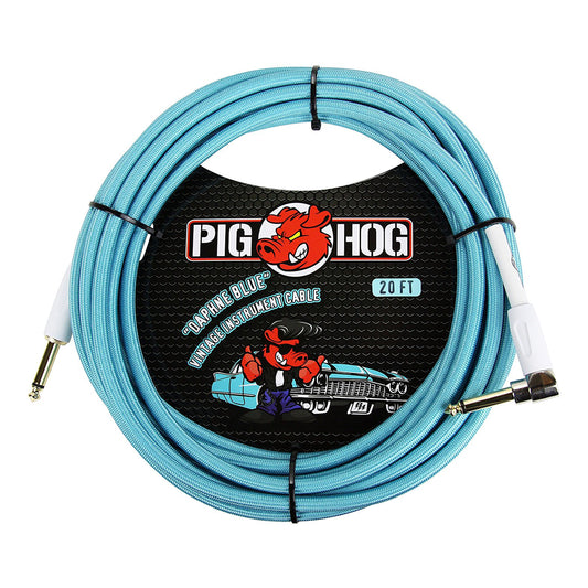 Pig Hog 1/4"" Straight to 1/4"" Right-Angle Daphne Blue Instrument Cable, 20ft