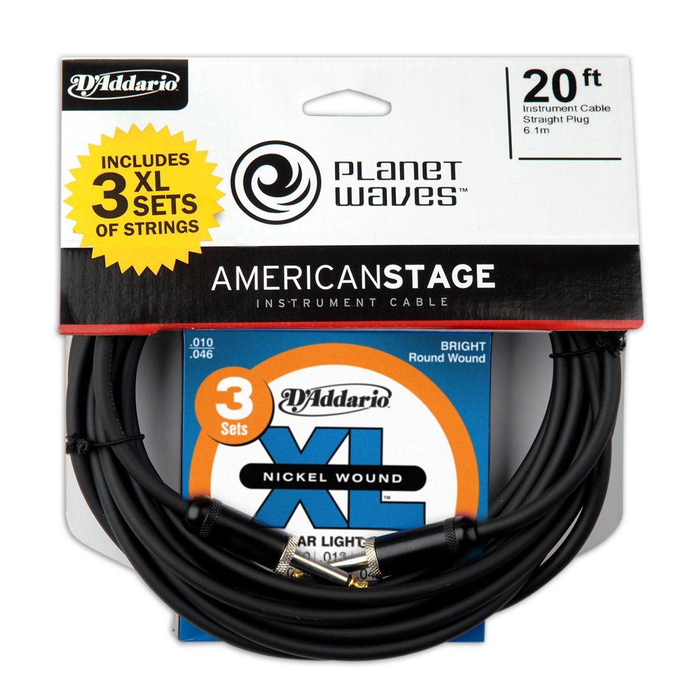 Planet Waves 20' American Stage Guitar Cable with Free D'Addario XL Light 3-Pack