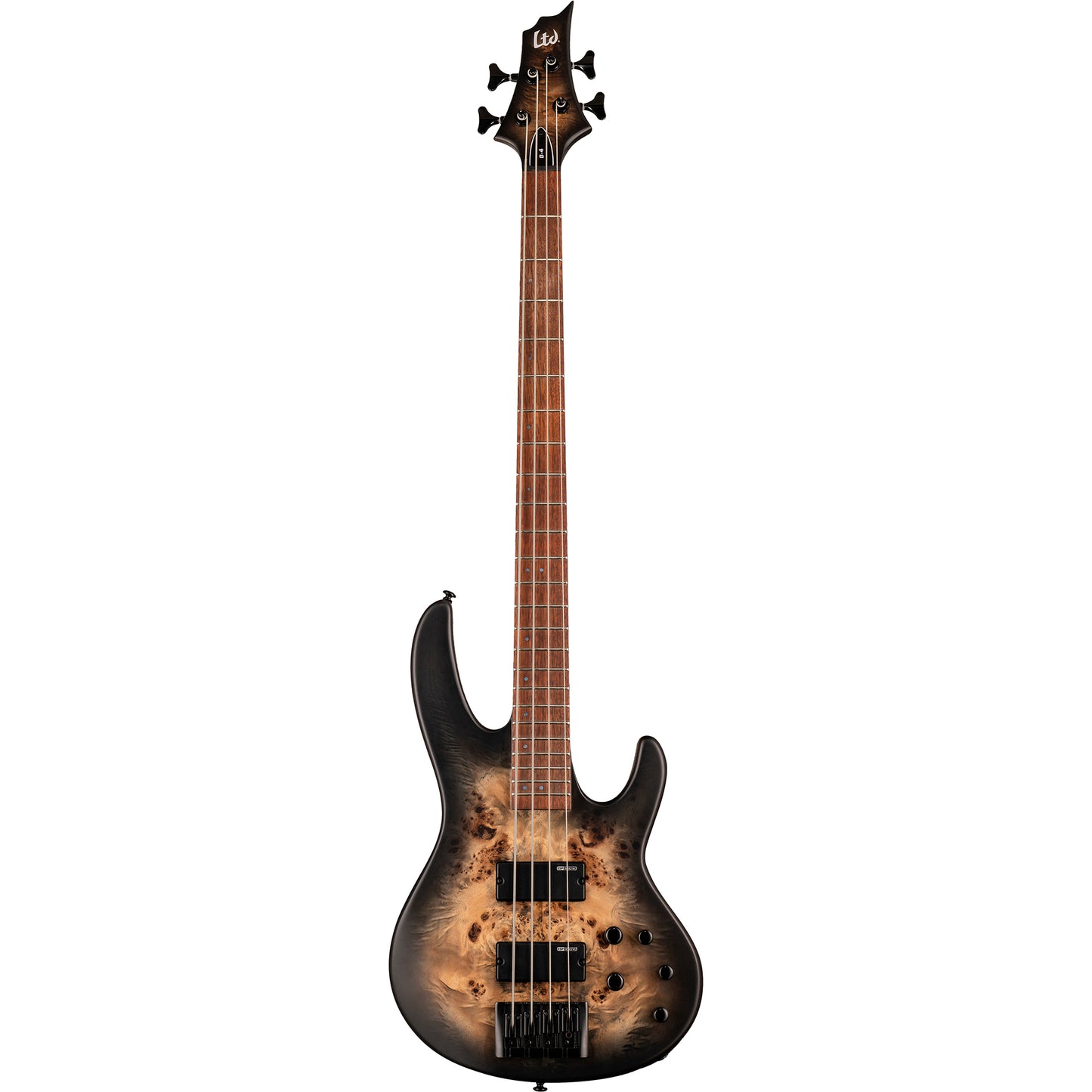 ESP LTD D-4 D Series 4 String Bass Guitar, Poplar Burl, Black Natural Burst