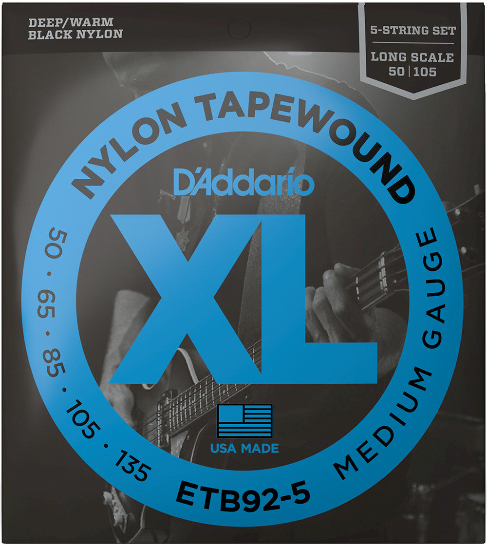 D'Addario XL Nylon Tapewound ETB92 Bass Guitar Strings Medium 50-105 ETB92-5 5-String Long Scale 50-135