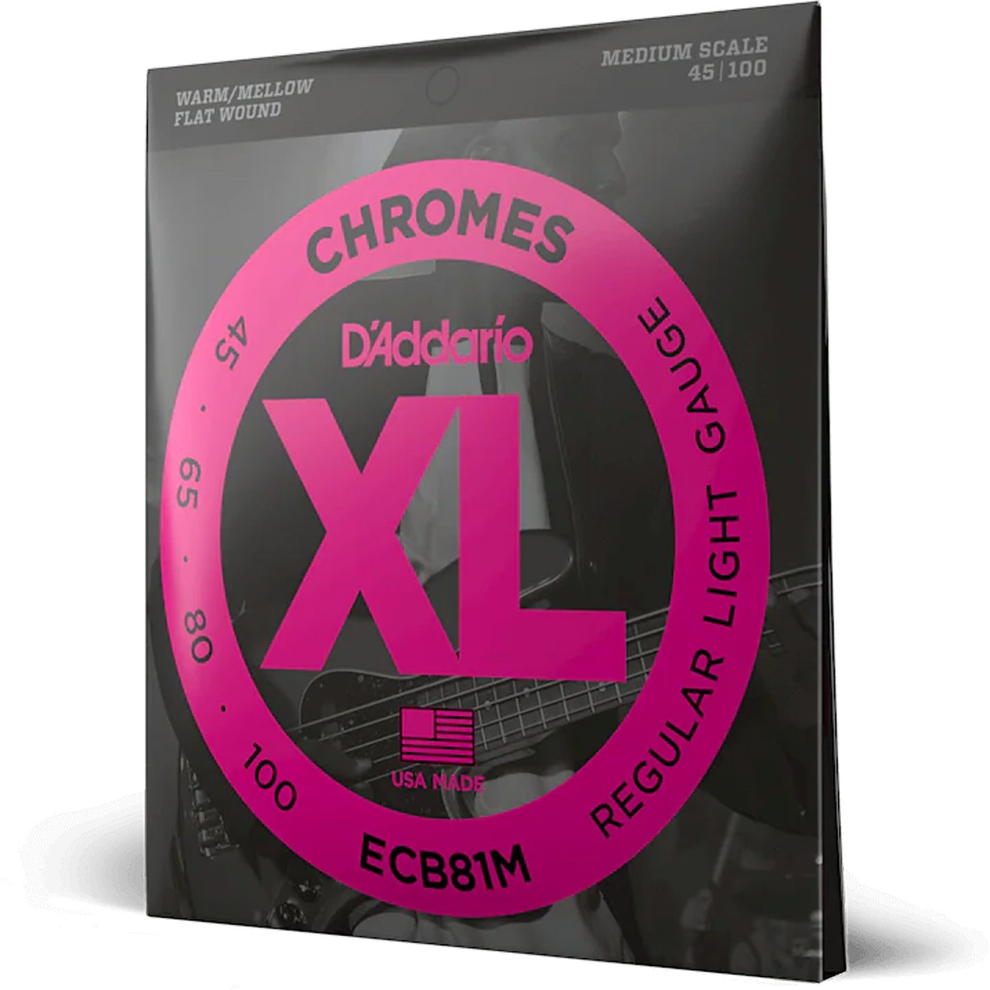 D'Addario Chromes Flat Wound Electric Bass Strings Light Medium Scale 45-100