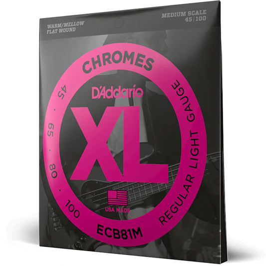 D'Addario Chromes Flat Wound Electric Bass Strings Light Medium Scale 45-100
